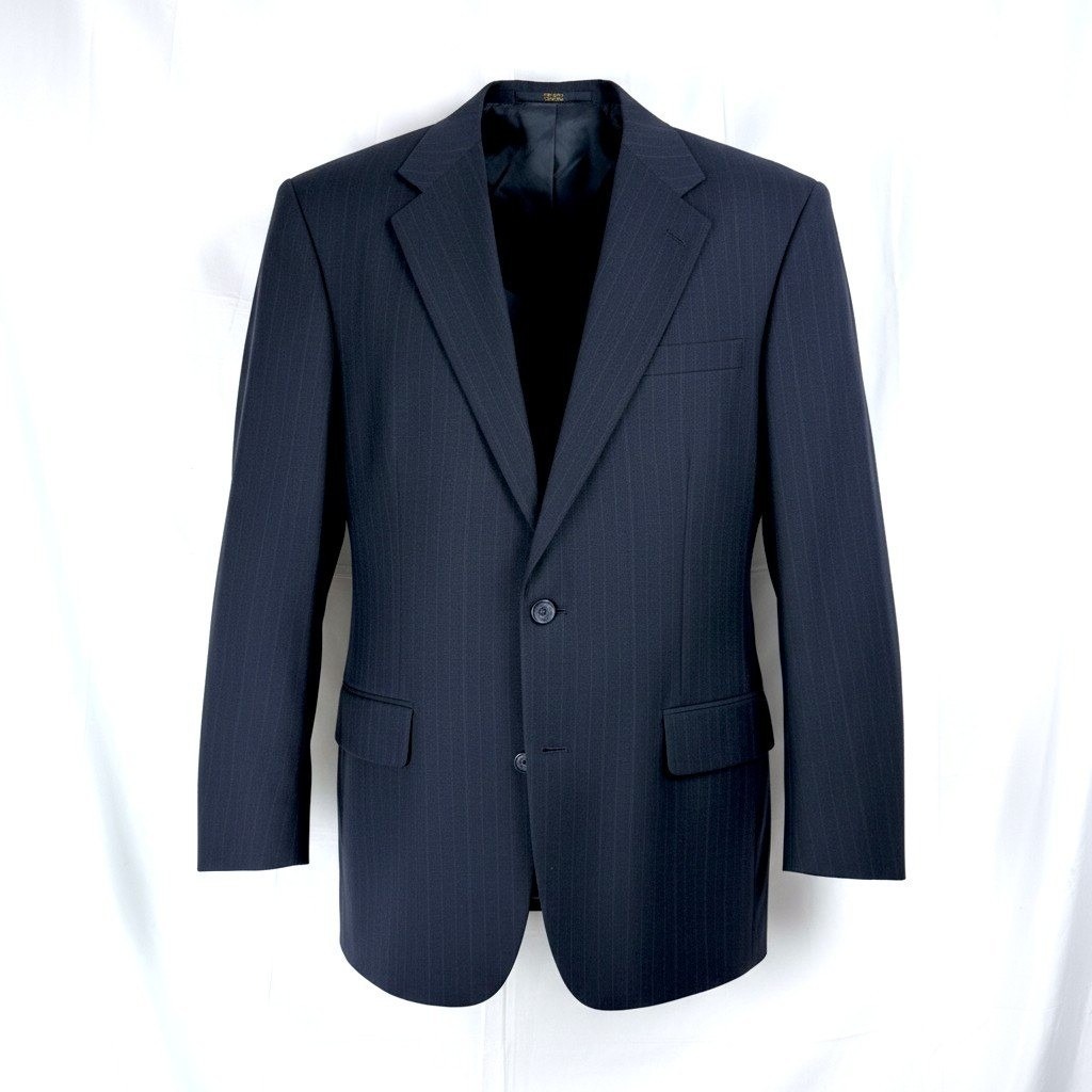 Towncraft Mens Navy Blue Pinstripe Worsted Wool Blend 2 Button Blazer Jacket